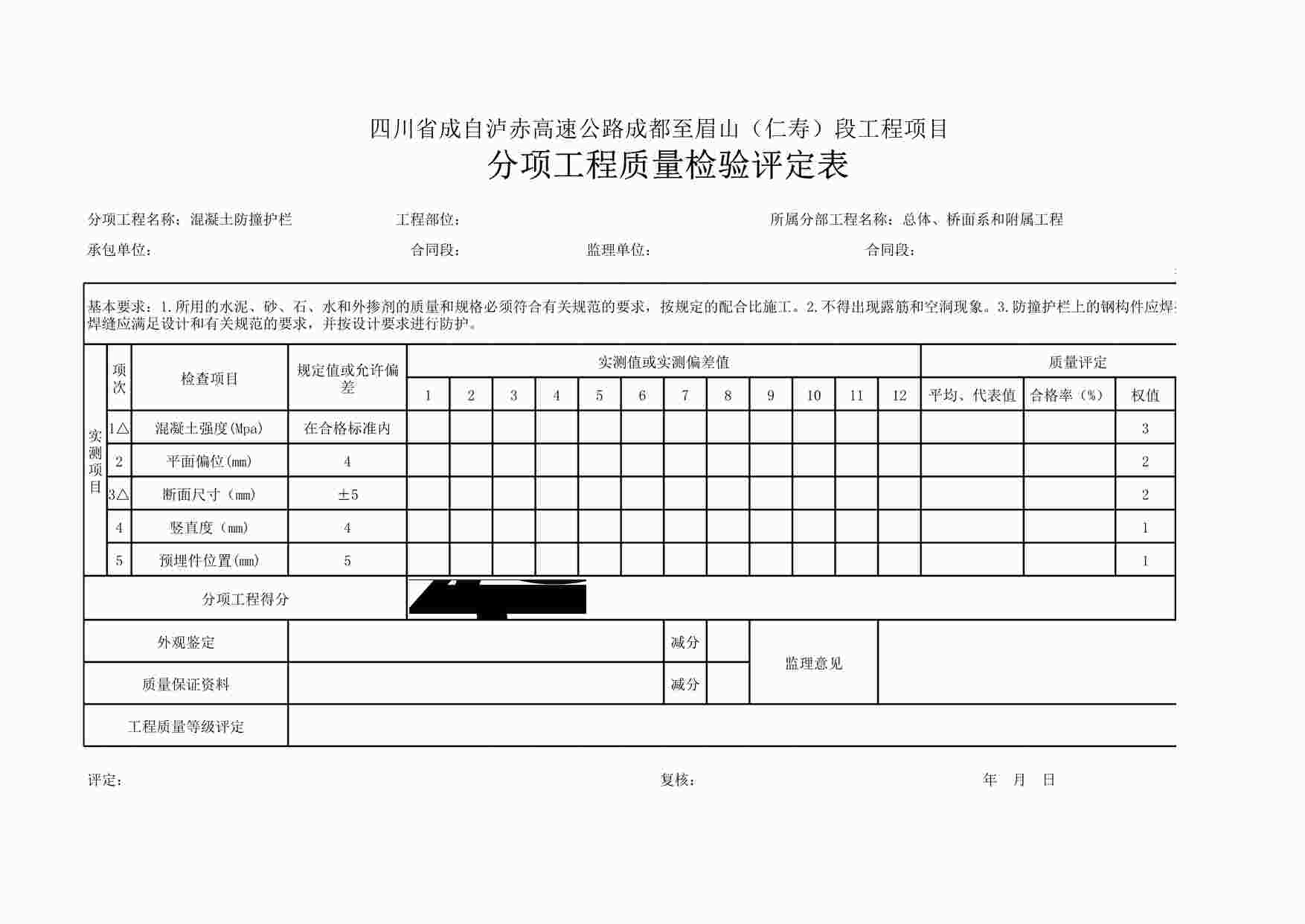 “混凝土防撞护栏质量评定XLS”第1页图片