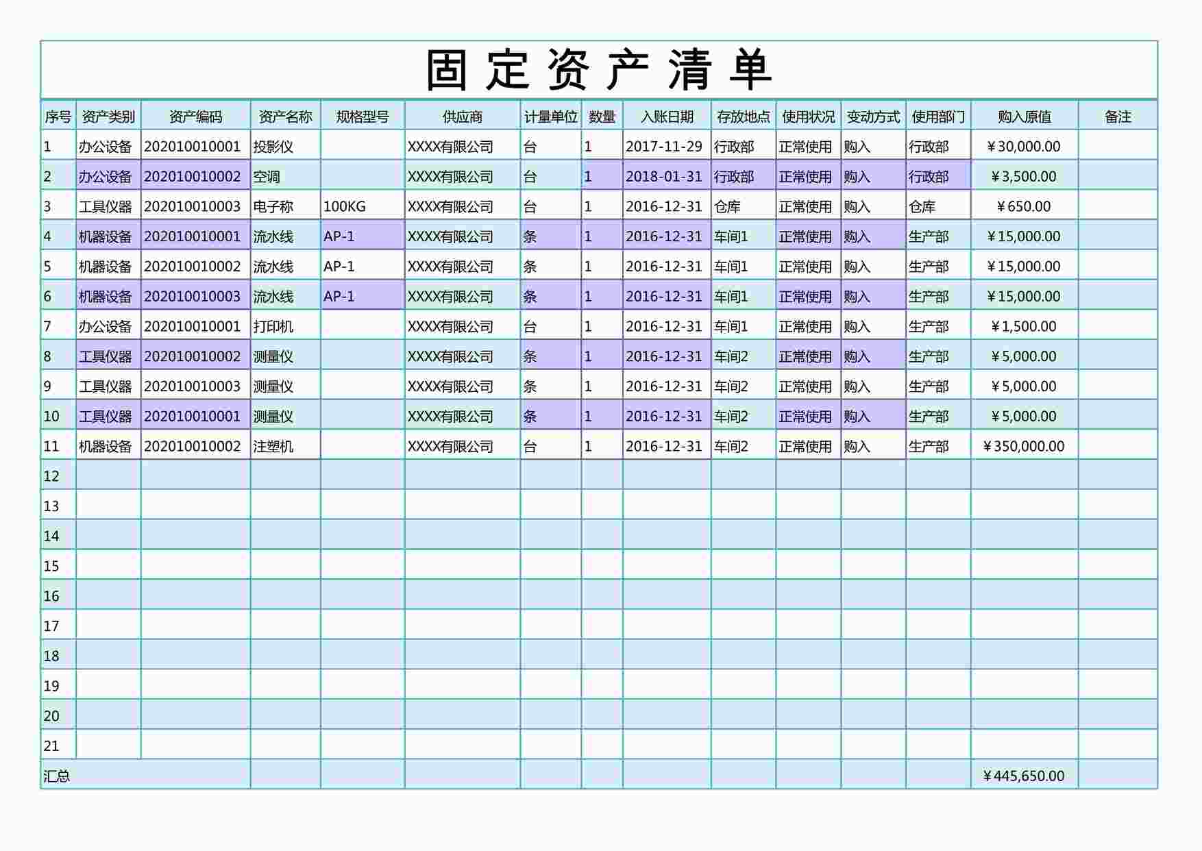 “管理表格《固定资产清单》XLS”第1页图片