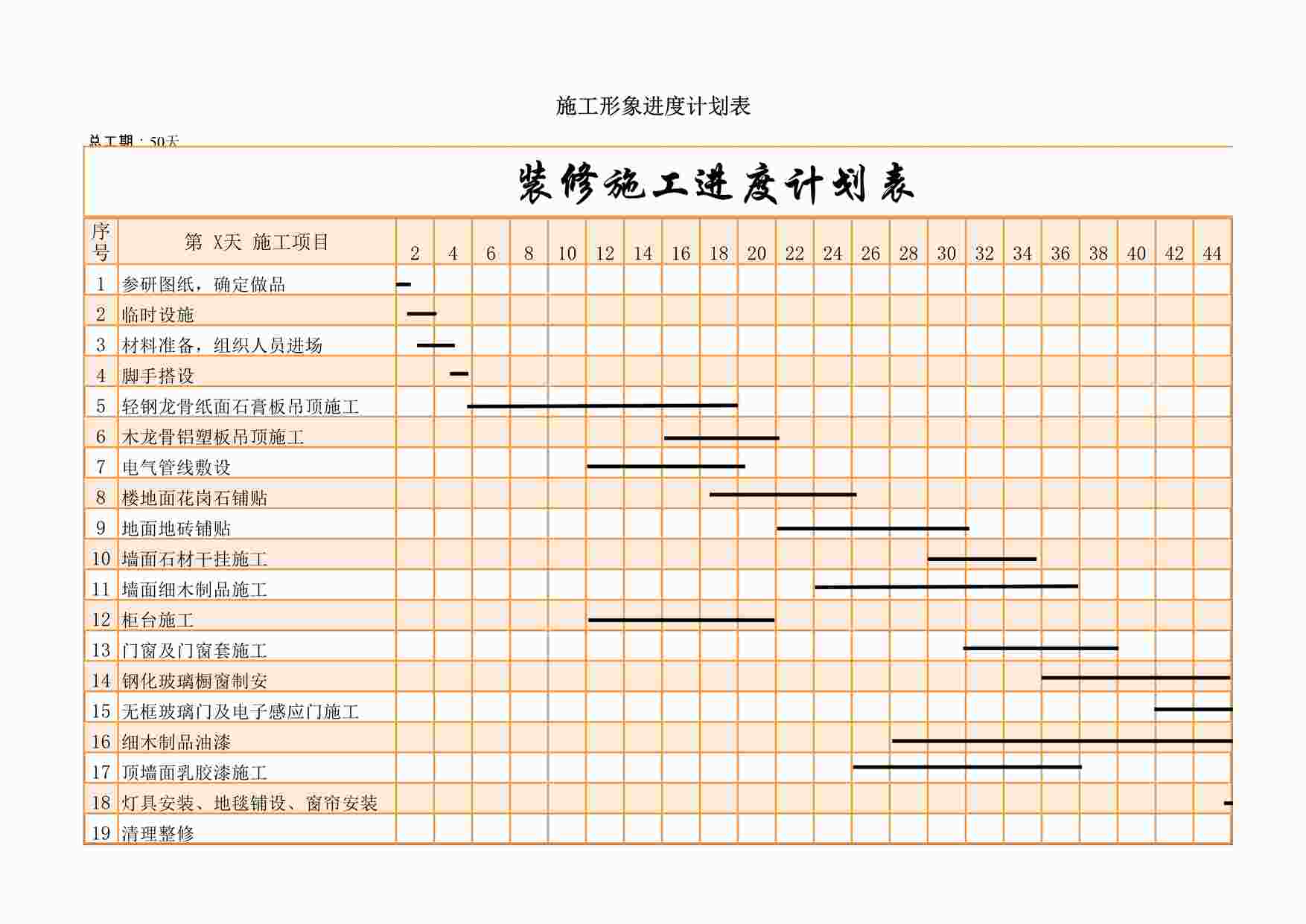 “房屋新装修施工进度计划表excel模板XLSX”第1页图片