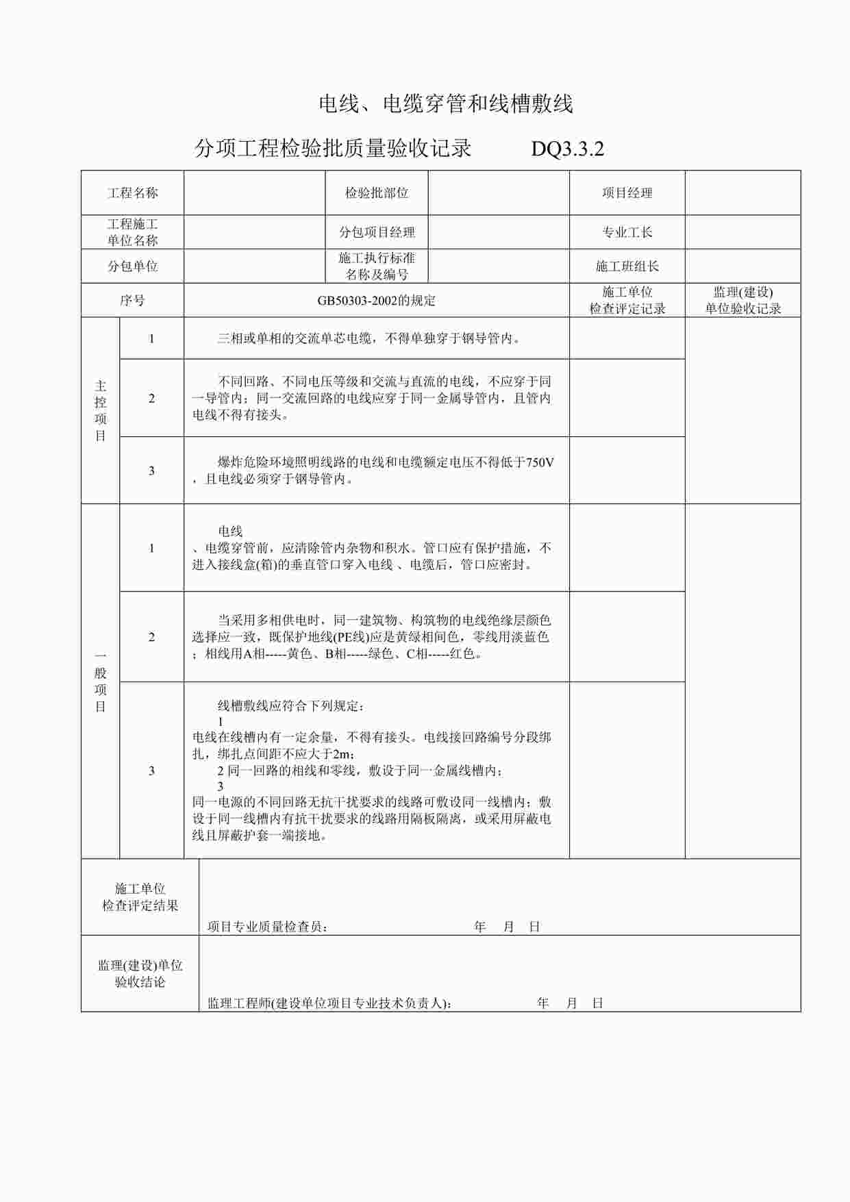 “电线、电缆穿管和线槽敷线分项工程检验批质量验收记录DOC”第1页图片