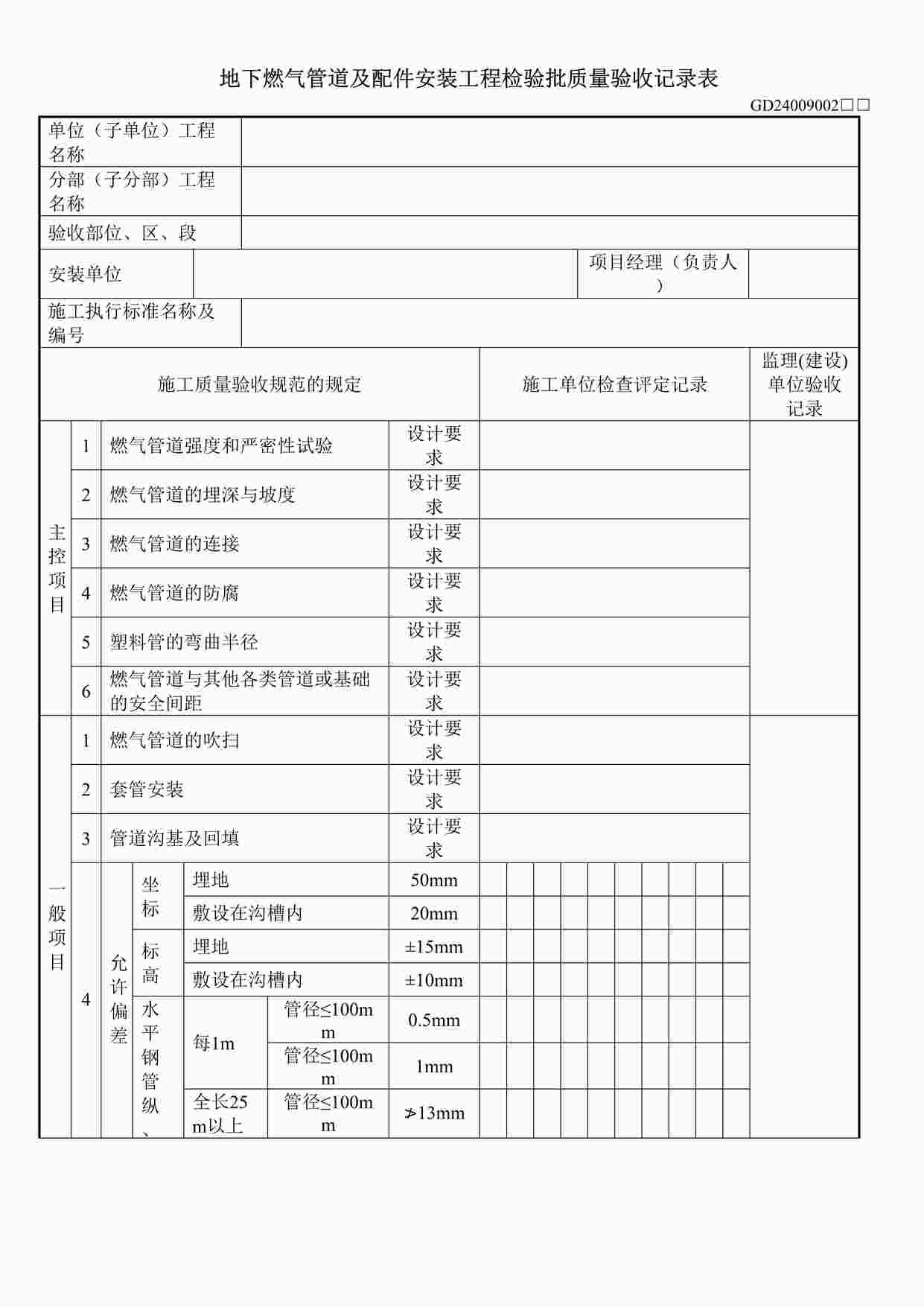 “地下燃气管道及配件安装工程检验批质量验收记录表DOC”第1页图片