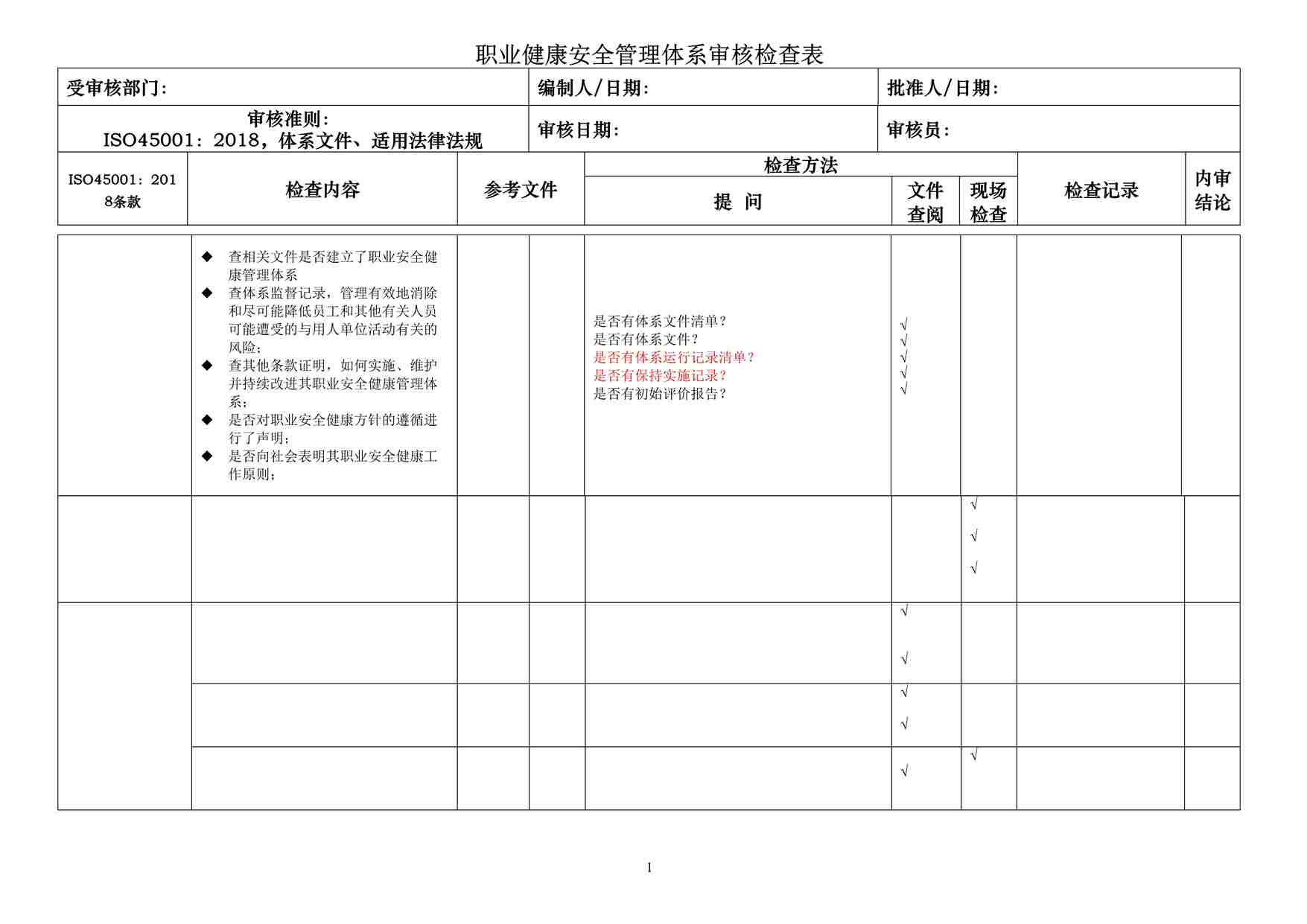 “某汽车制造厂ISO45001-2018体系-职业健康安全内审检查表DOCX”第1页图片