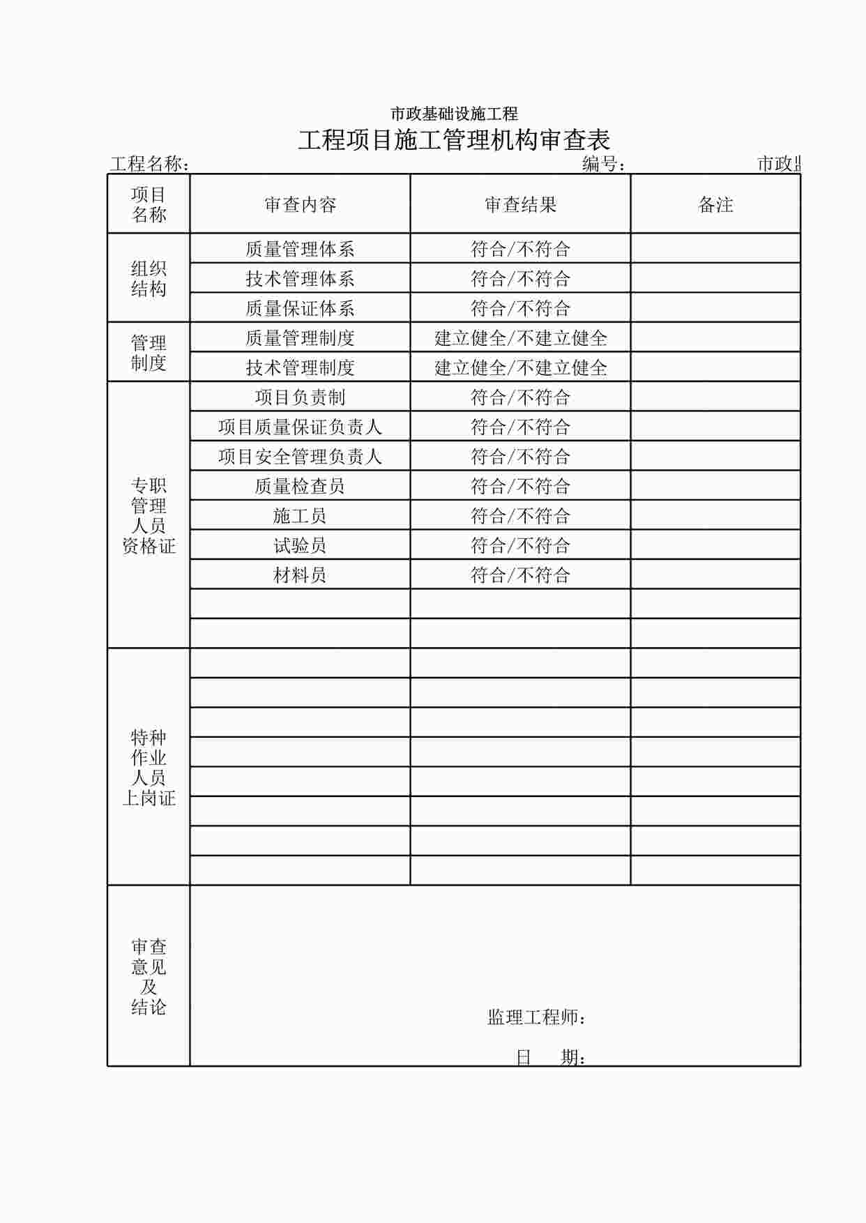 “市政监－19工程项目施工管理机构审查表XLS”第1页图片