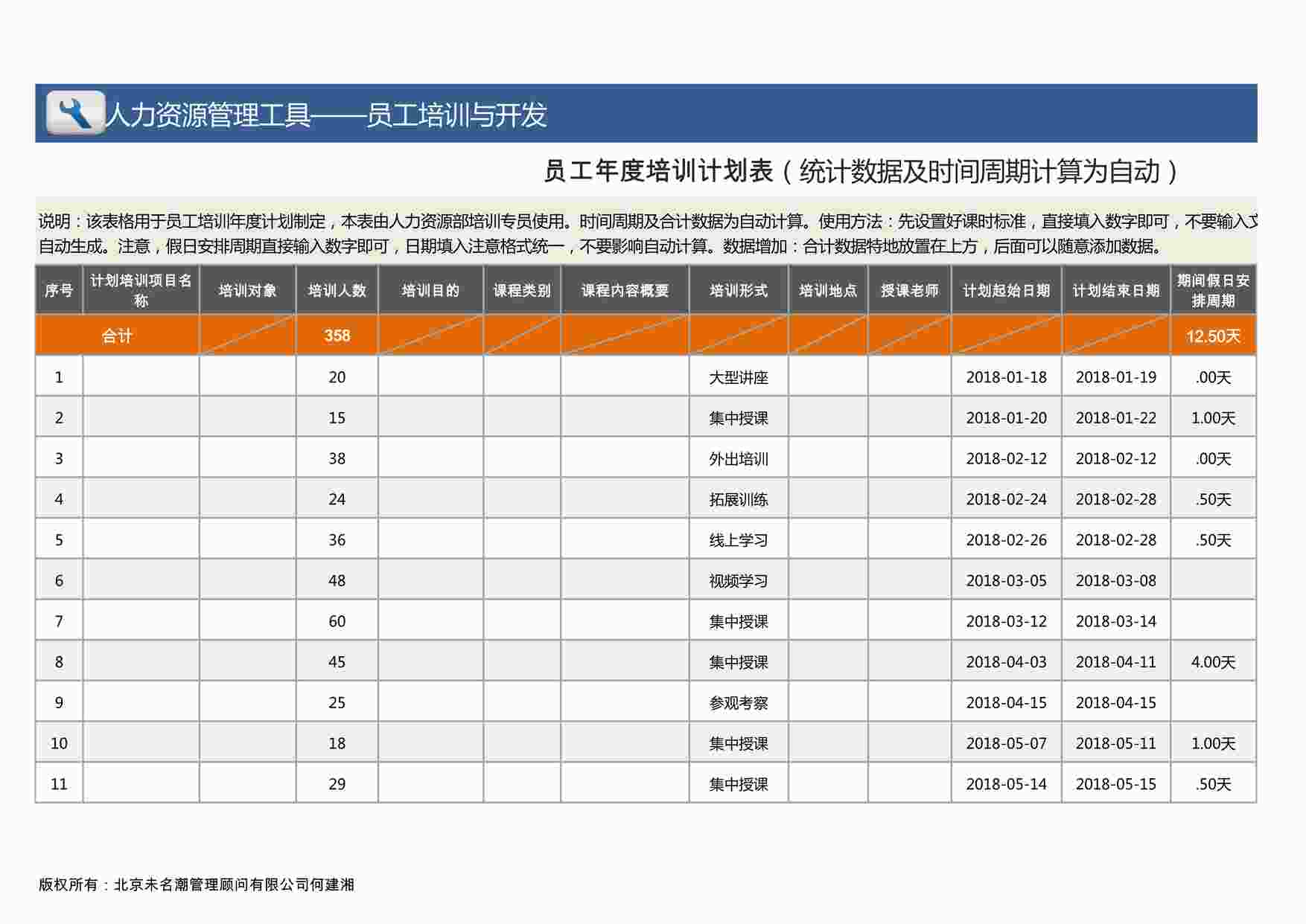 “员工年度培训计划表XLSX”第1页图片