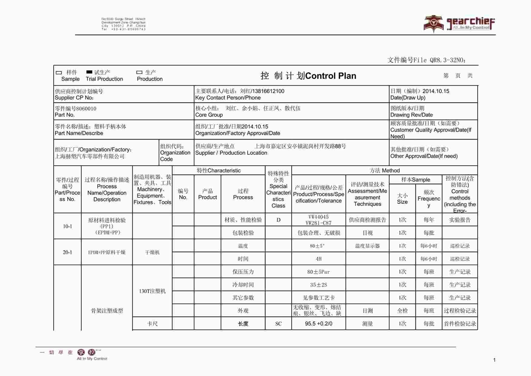 “上海赫塑汽车零部件公司QR8.3-32试生产控制计划-8060010XLS”第1页图片