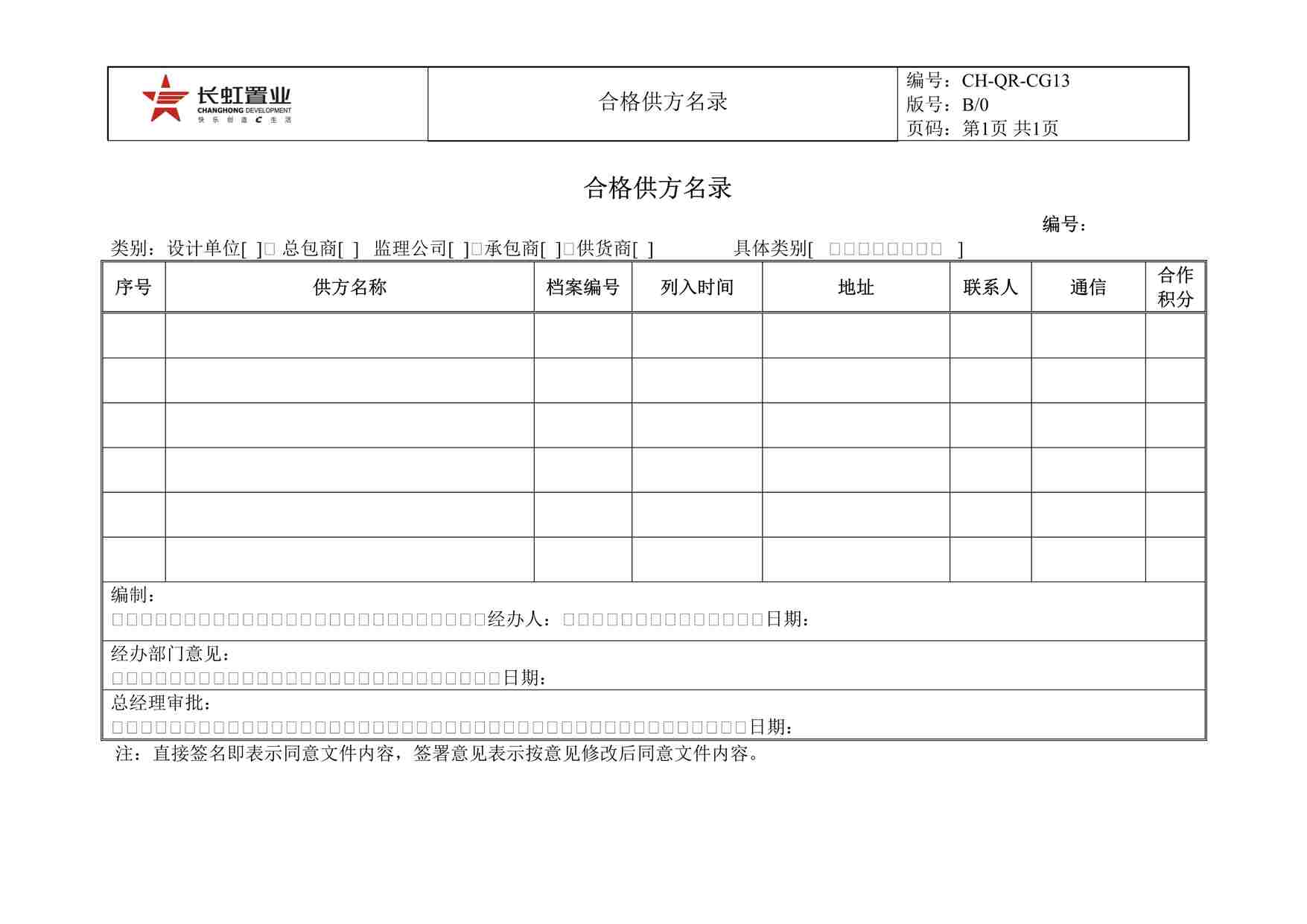 “长虹置业CH-QR-CG13合格供方名录(1)DOC”第1页图片