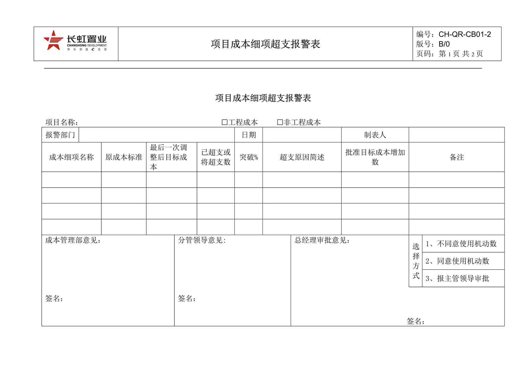 “长虹置业CH-QR-CB01-2成本细项超支预警表DOC”第1页图片