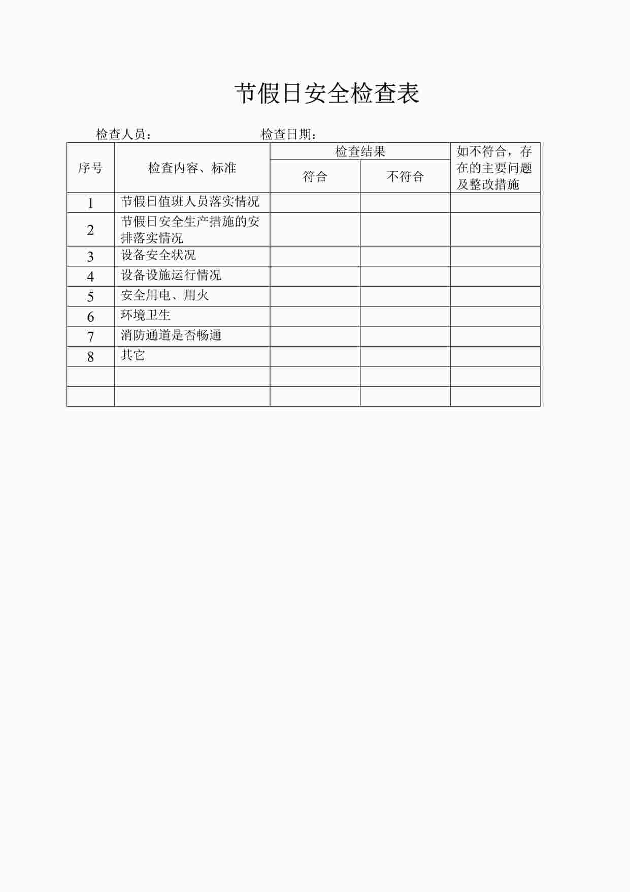 “某制造型企业节假日安全检查表DOC”第1页图片