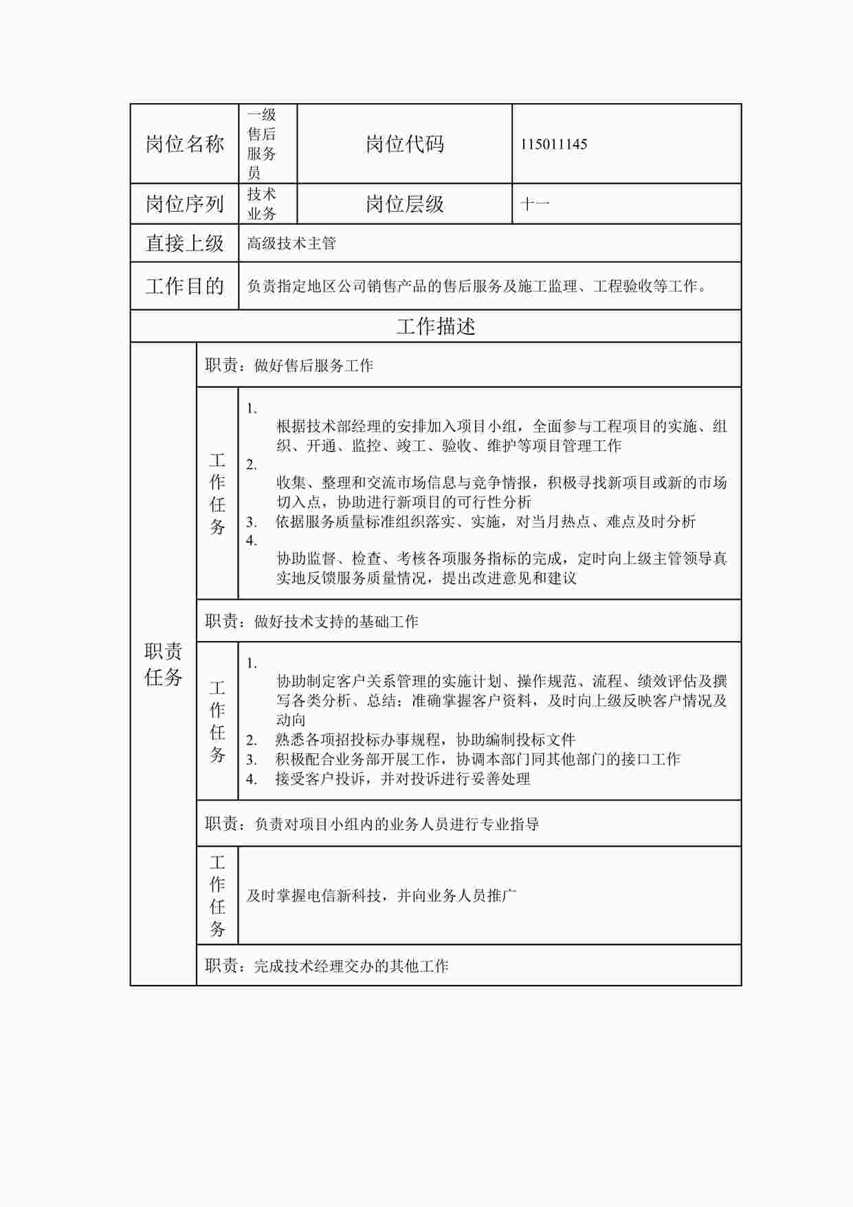 “最新部门一级售后服务员职位说明书DOC”第1页图片