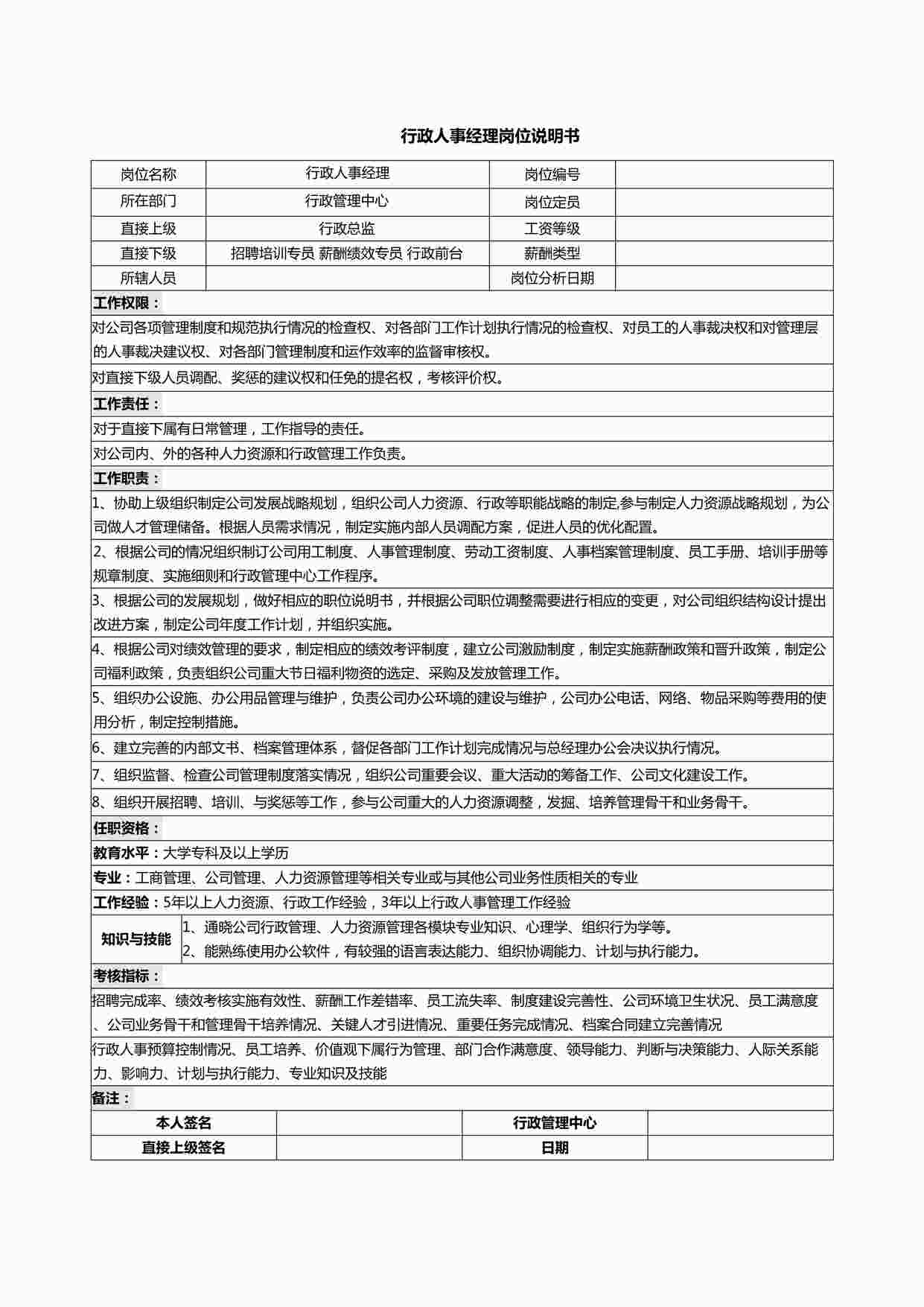 “行政人事经理岗位说明书DOCX”第1页图片