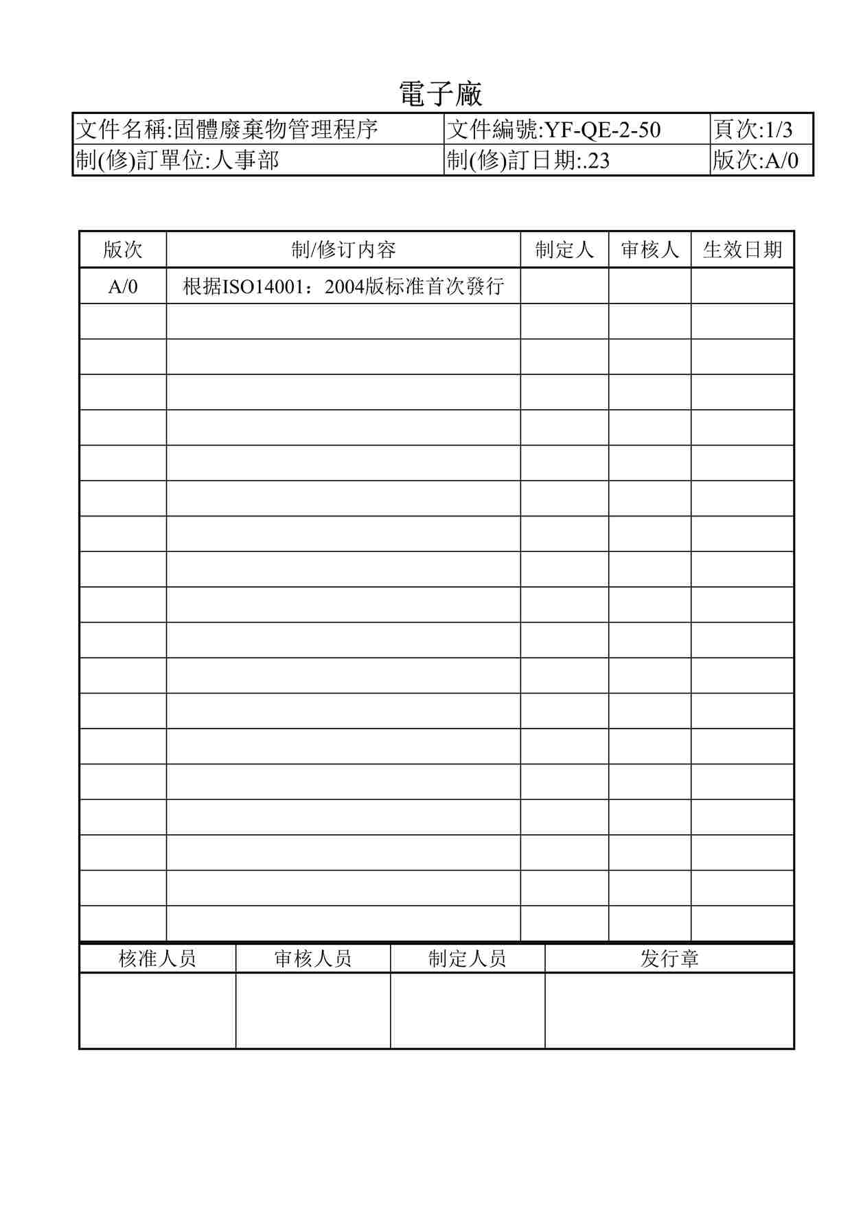 “某电子厂ISO9001、14001文件之固体废弃物管理程序50DOC”第1页图片