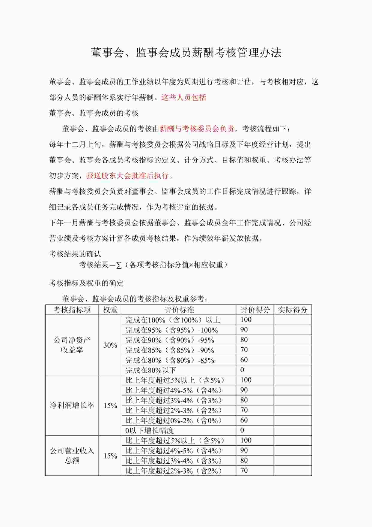 “某餐饮企业董事会、监事会成员薪酬考核管理办法(DOC)”第1页图片