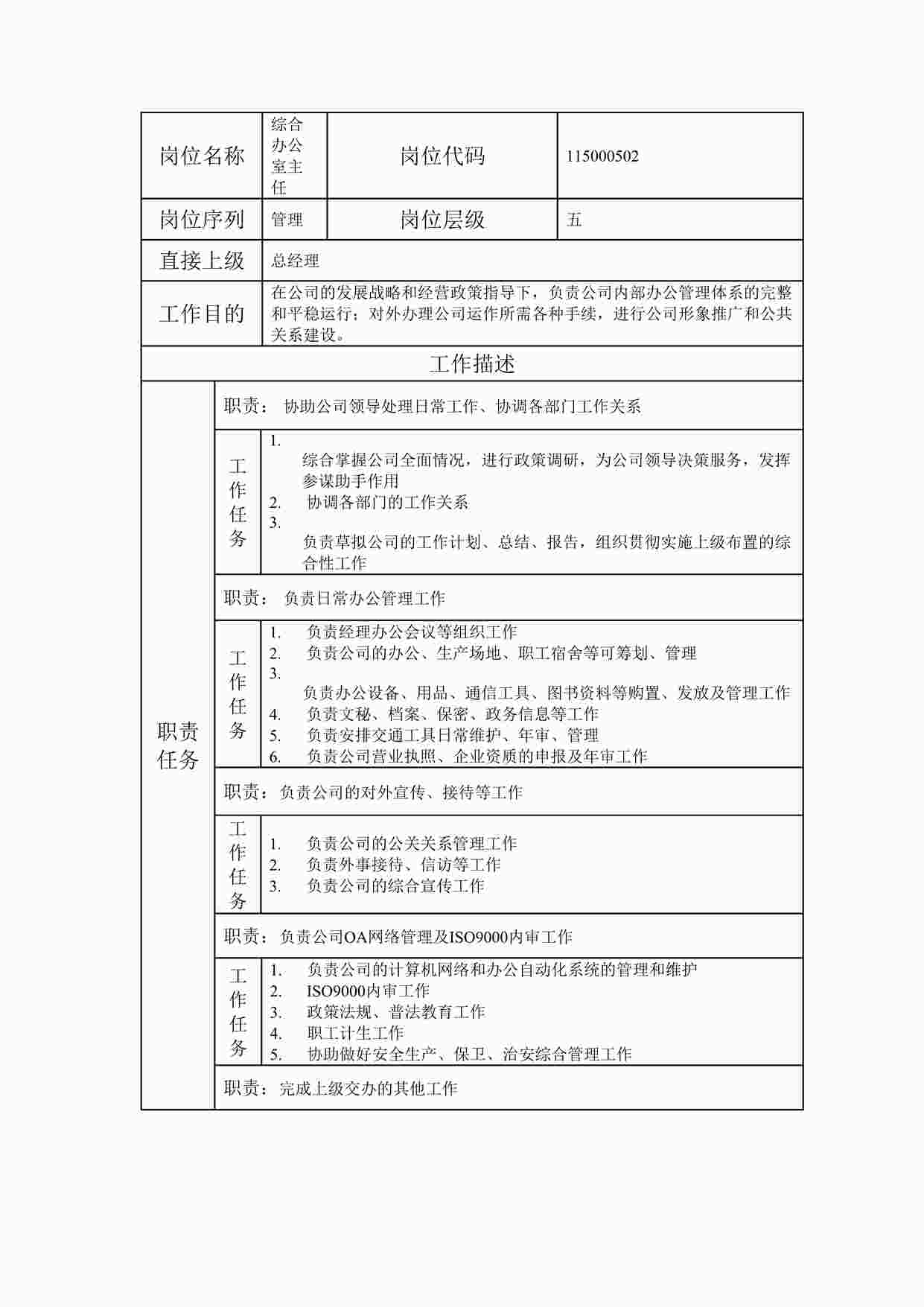 “最新综合办公室主任职位说明书DOC”第1页图片