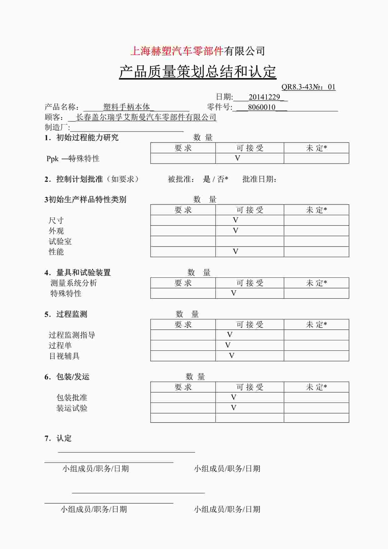 “上海赫塑汽车零部件公司QR8.3-43产品质量策划总结和认定-技术DOC”第1页图片