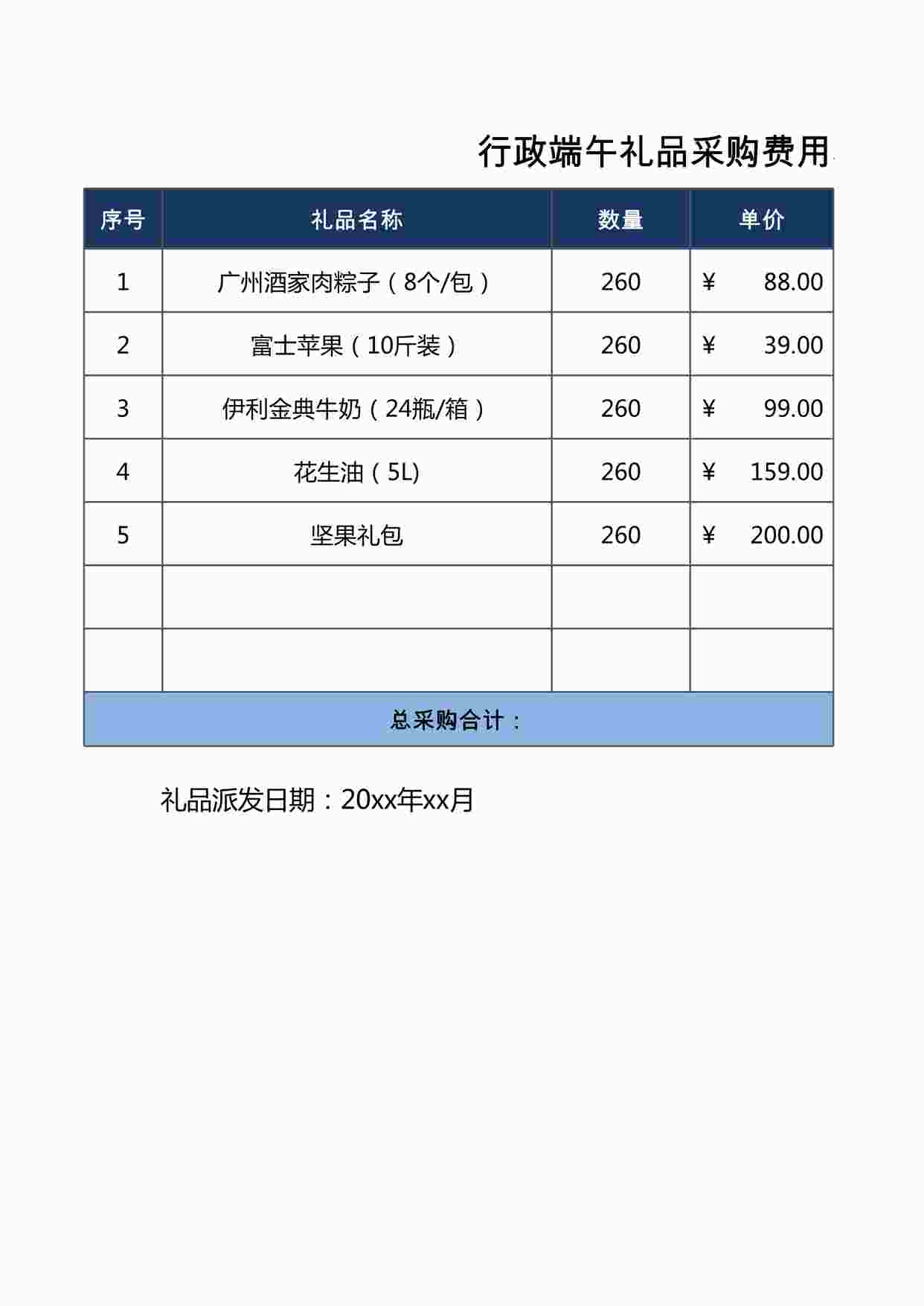 “行政礼品采购费用表XLSX”第1页图片