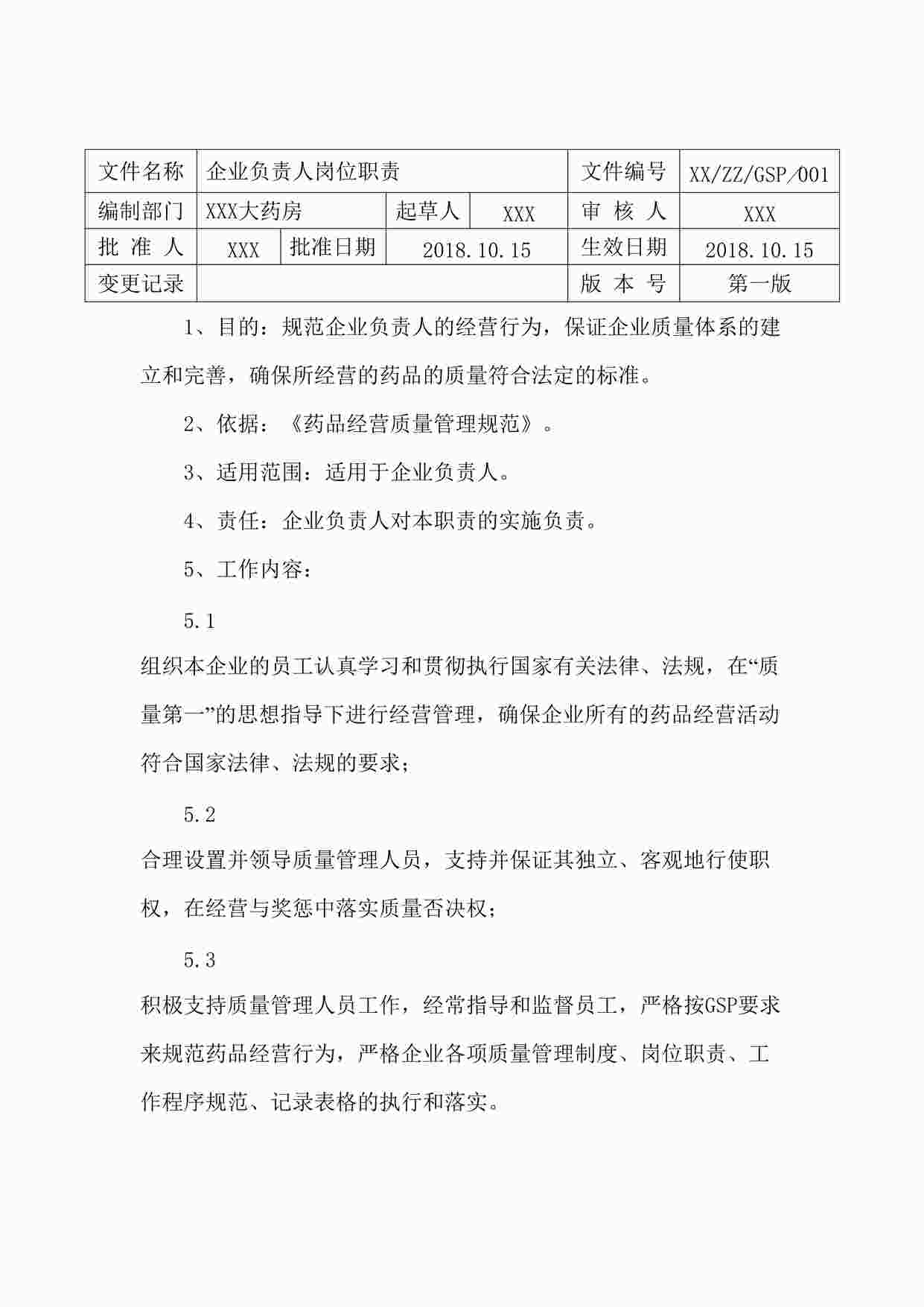 “药品公司企业负责人岗位职责DOCX”第1页图片