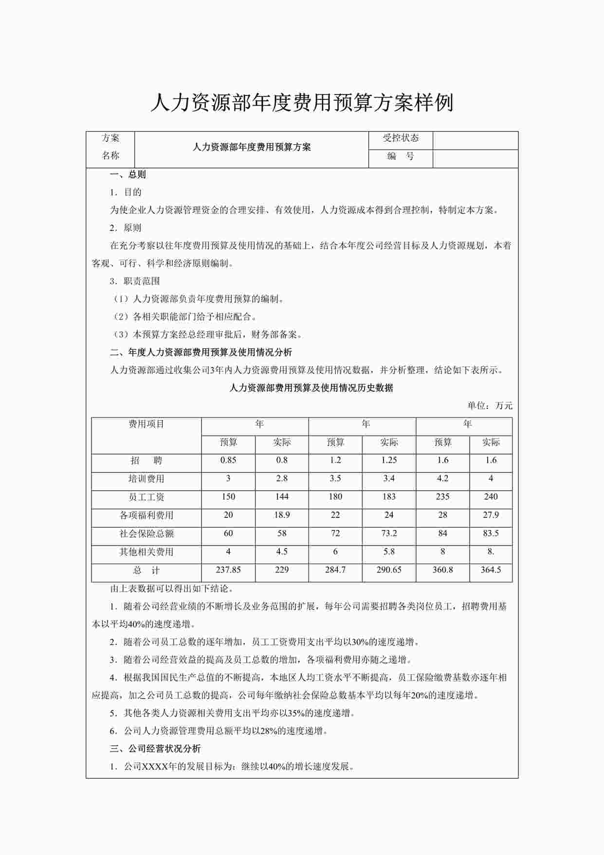 “样例-人力资源部年度费用预算方案DOC”第1页图片