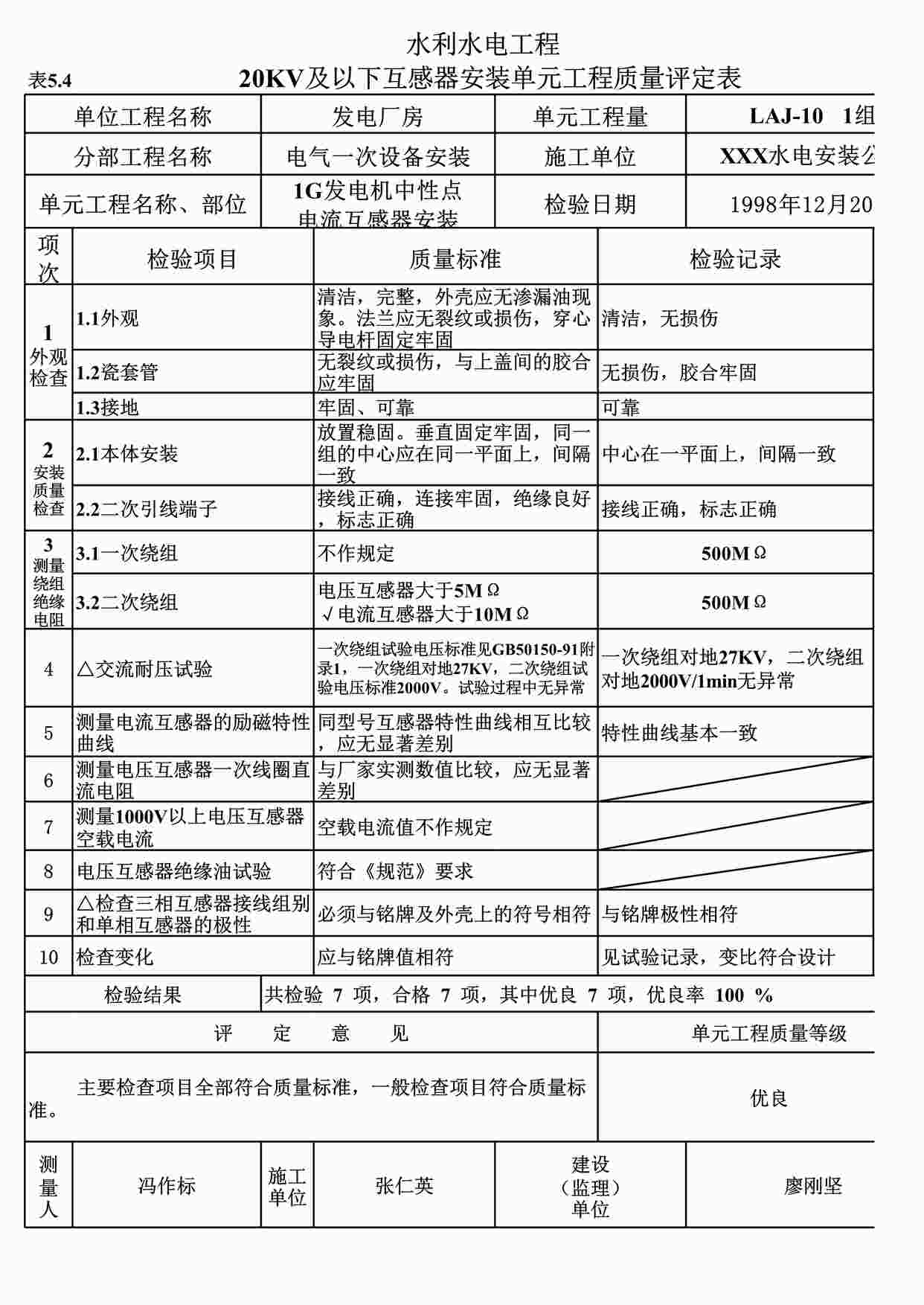 “表5.420KV及以下互感器安装单元工程质量评定表（例表1）XLS”第1页图片