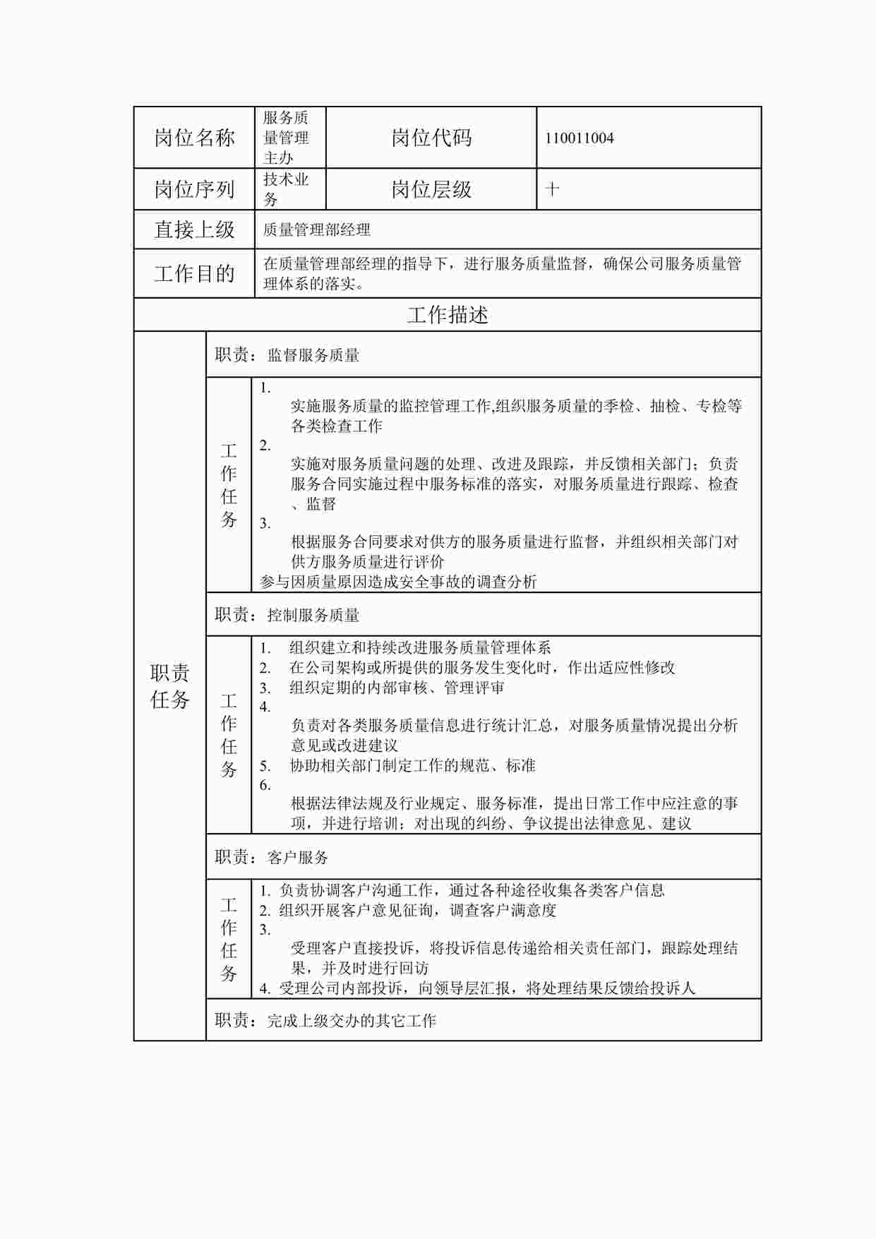 “最新服务质量管理主办职位说明书DOC”第1页图片