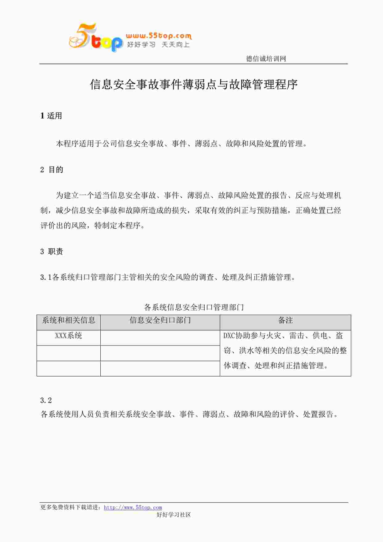 “某公司ISO27001体系之信息安全事故事件薄弱点与故障管理程序DOC”第1页图片