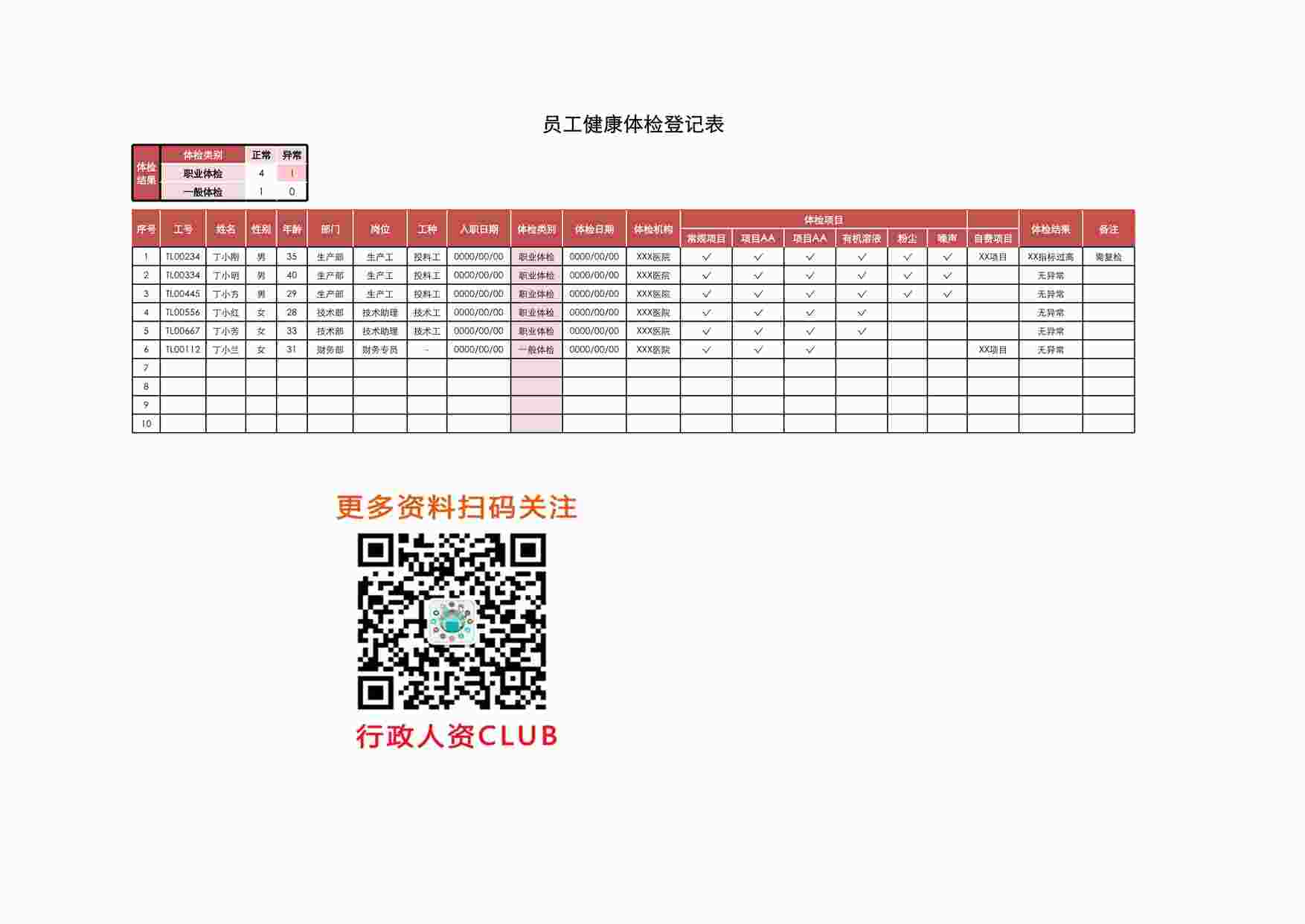 “员工健康体检登记表XLSX”第1页图片