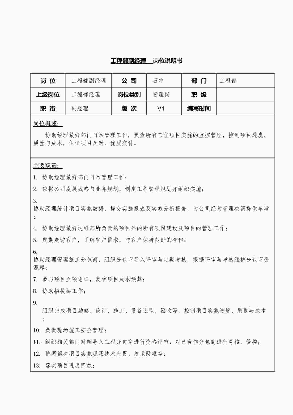 “工程部副经理岗位说明书DOCX”第1页图片