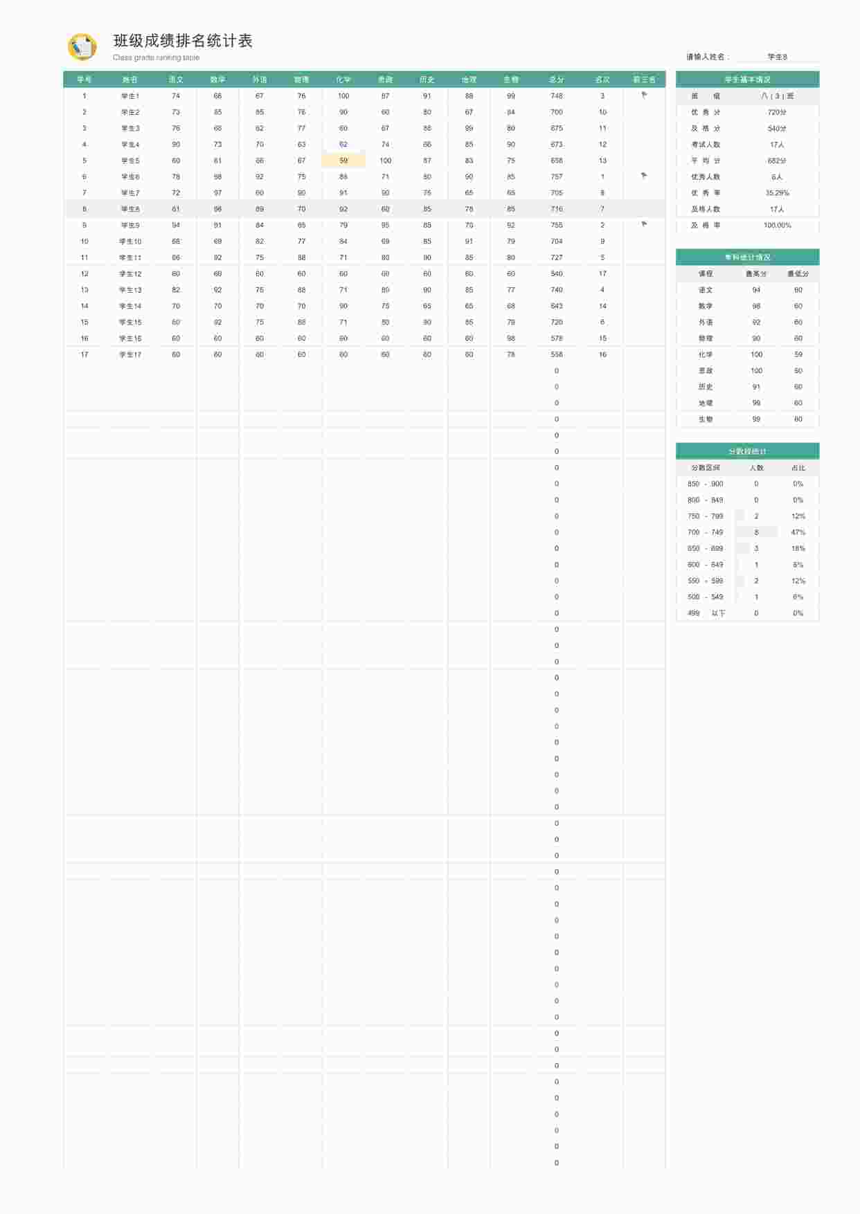 “学生班级成绩排名统计表XLSX”第1页图片