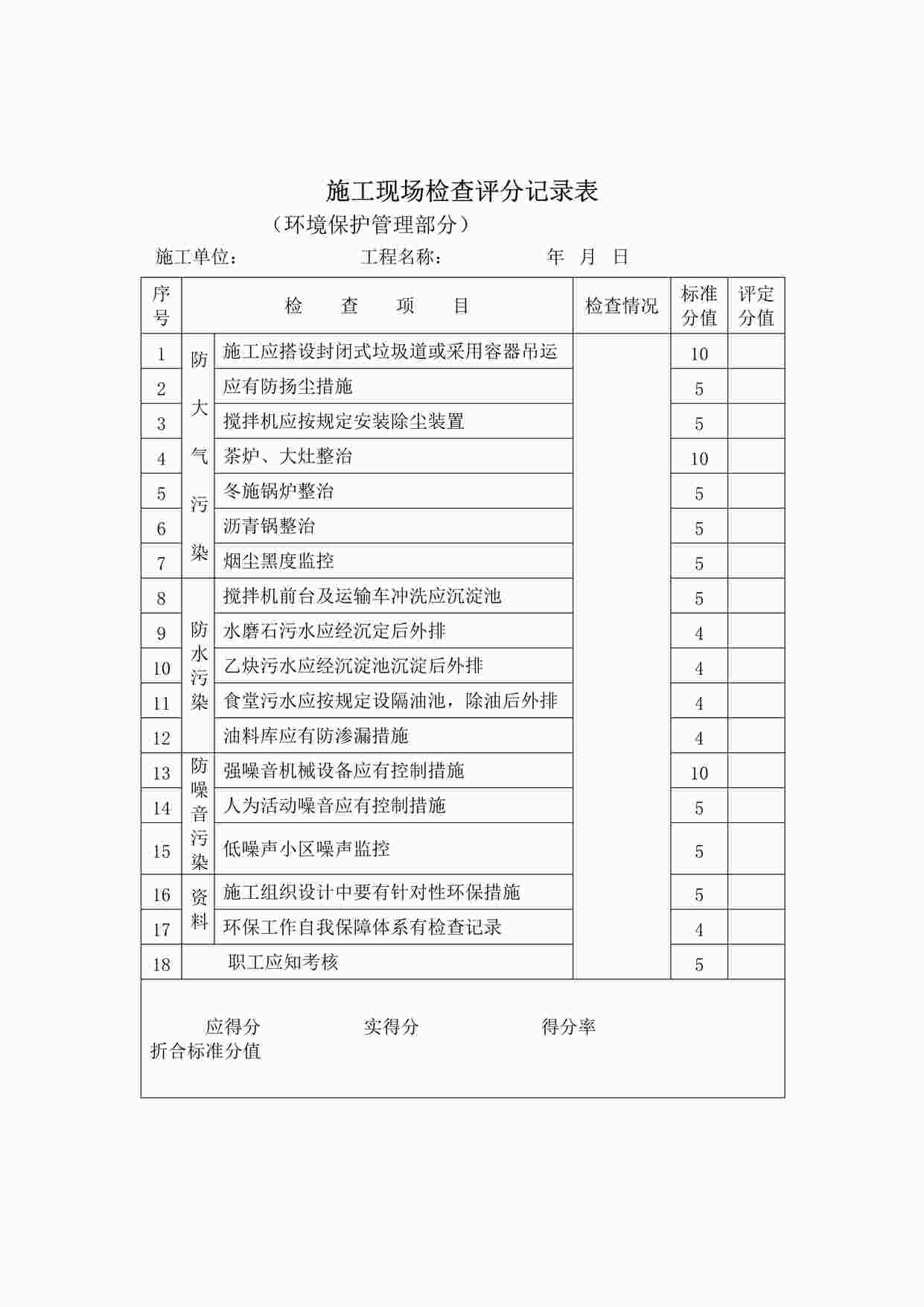 “施工现场检查评分记录表（环境保护管理部分）DOC”第1页图片