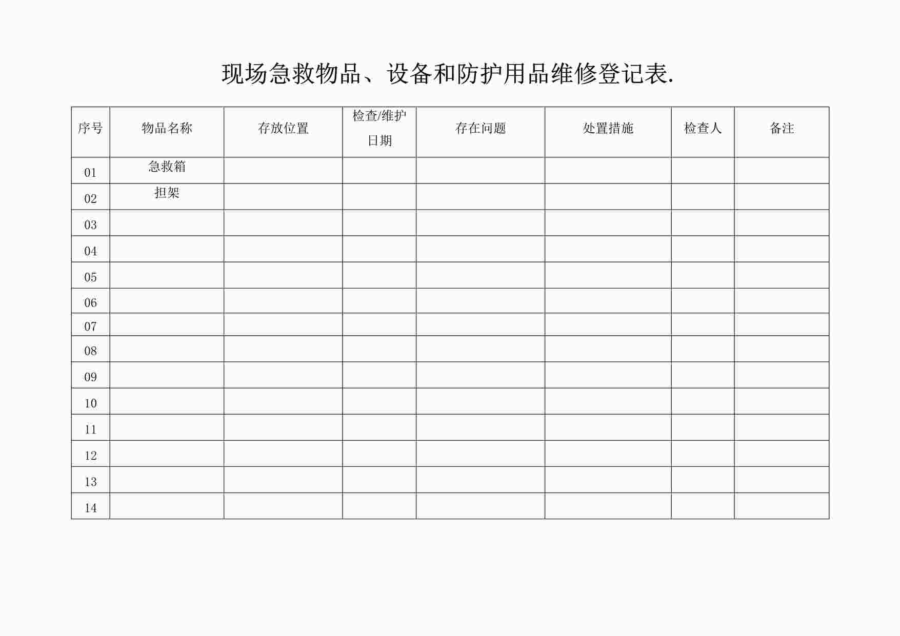 “某制造型企业现场急救物品、设备和防护用品维修登记表DOC”第1页图片